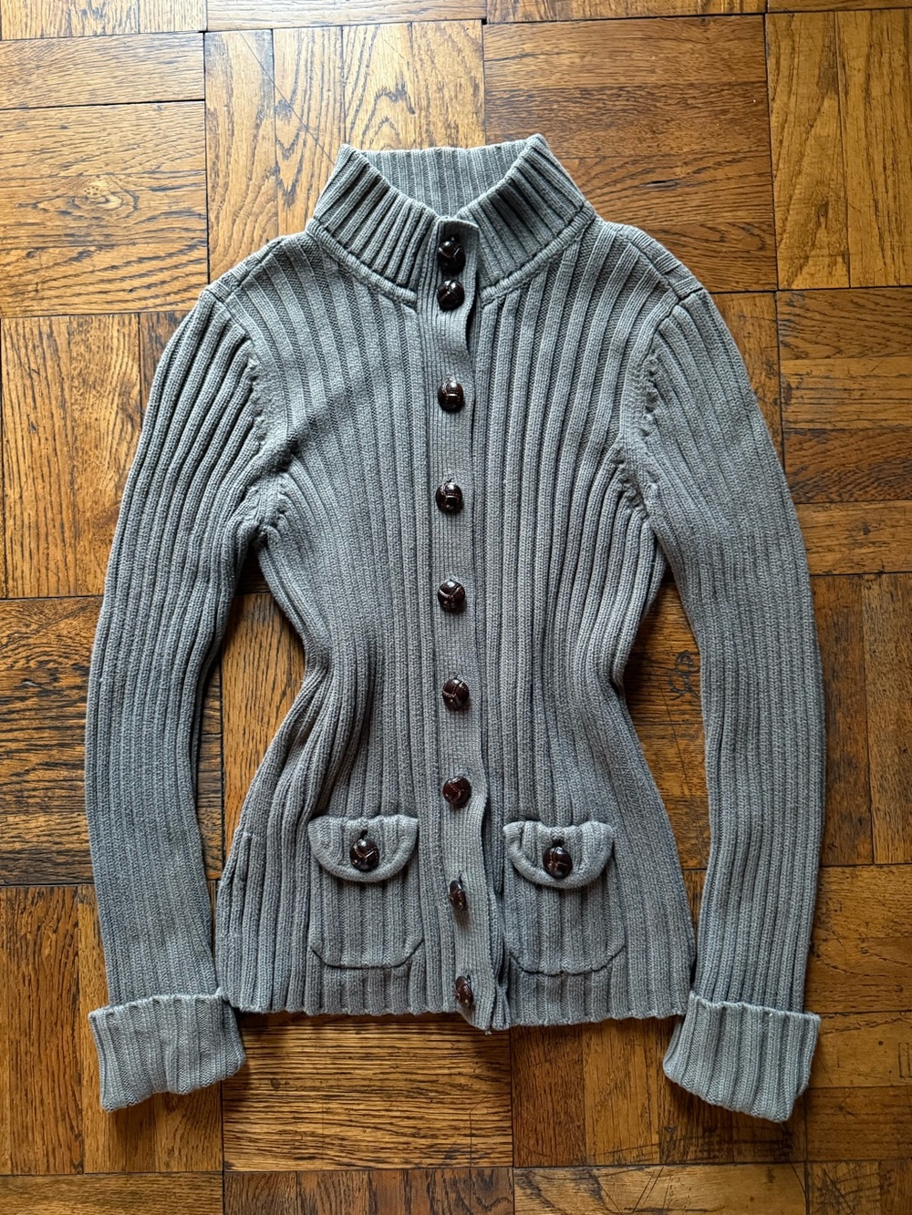 Ribbed Gray Button-Front Women's Cardigan